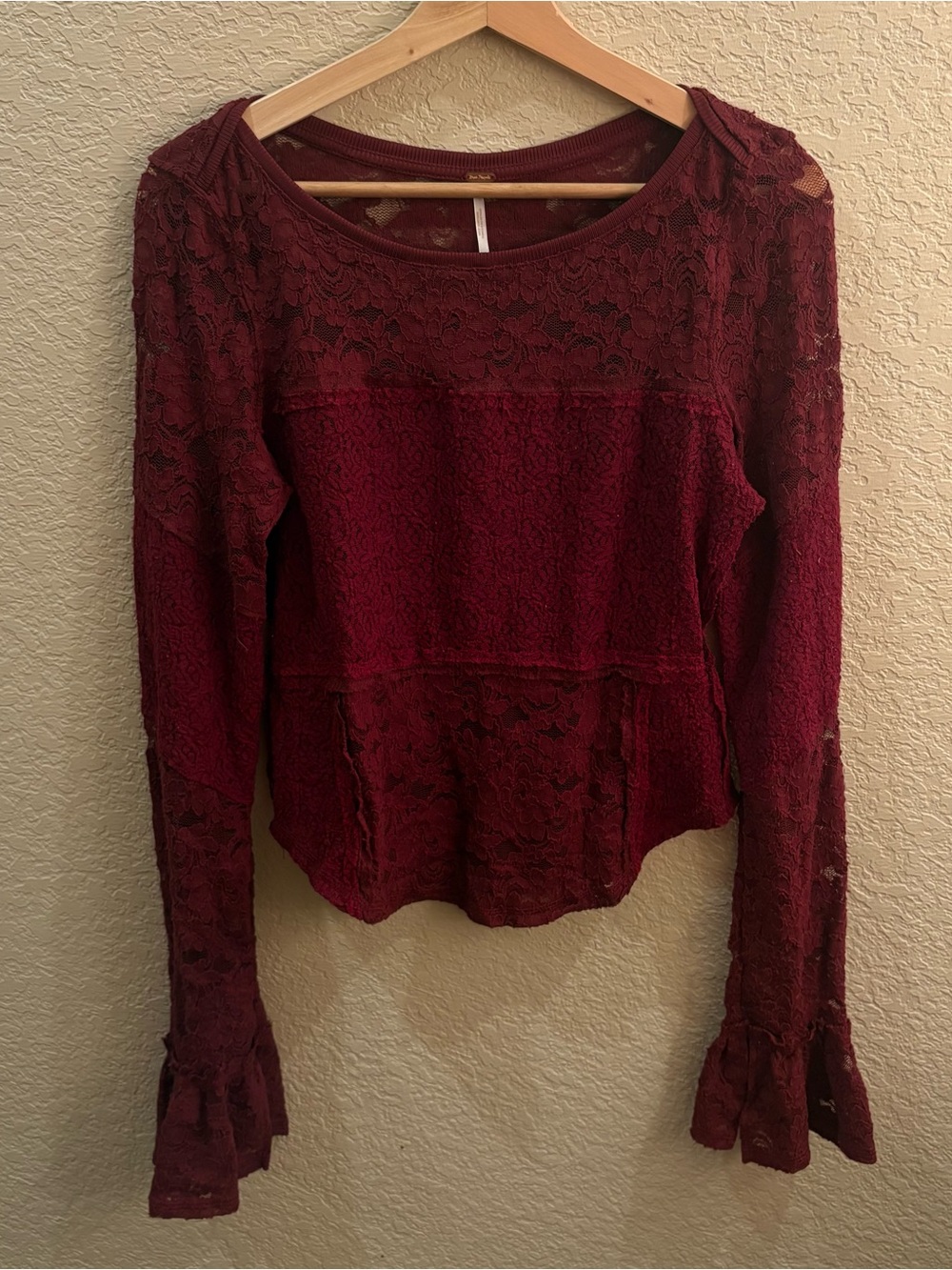 Free People Lace Layering Long Sleeve Top Cabernet Burgundy - Size M